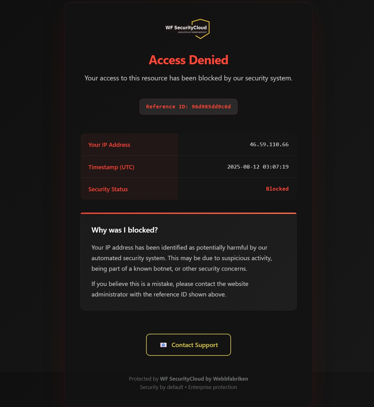 WF Sentinel blockeringsmeddelande som visas för besökare när en hotfull begäran blockeras, med professionell design och information om blockering